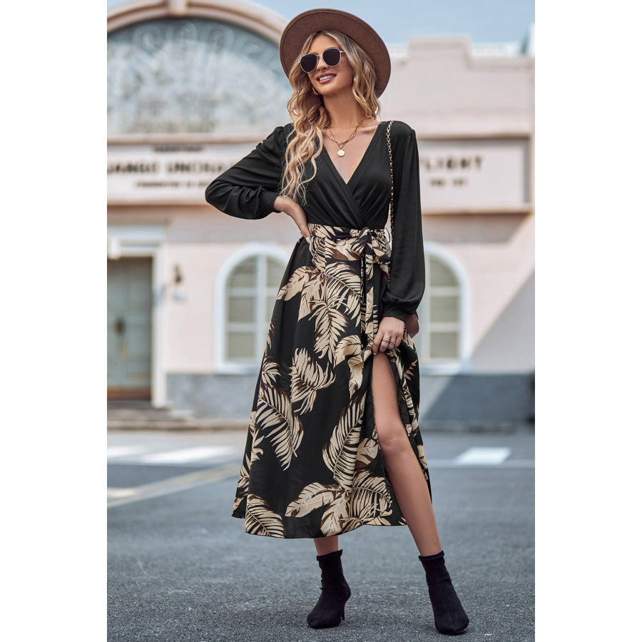 Printed Tie Waist Long Sleeve Dress