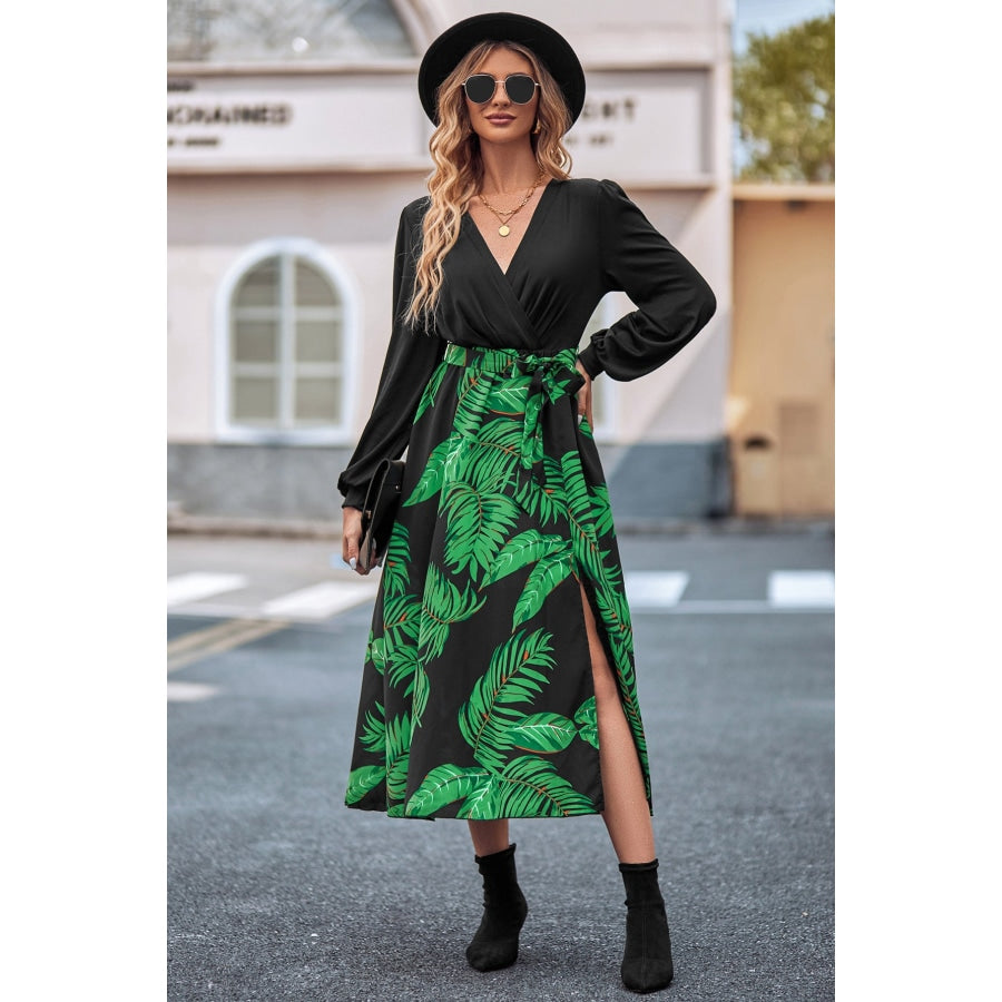 Printed Tie Waist Long Sleeve Dress