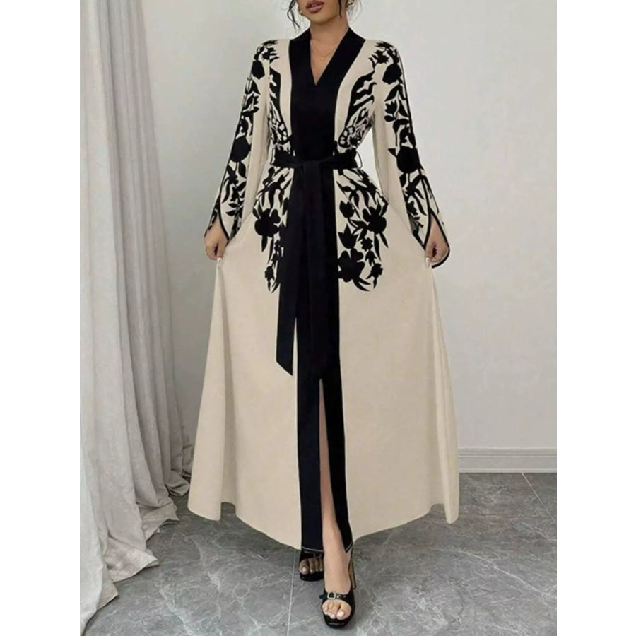 Printed Tie Waist Maxi Dress Apricot / S Apparel and Accessories