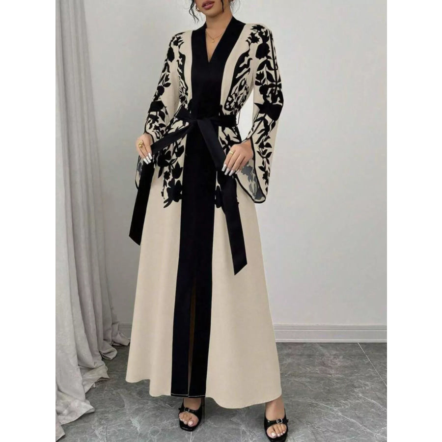 Printed Tie Waist Maxi Dress Apricot / S Apparel and Accessories