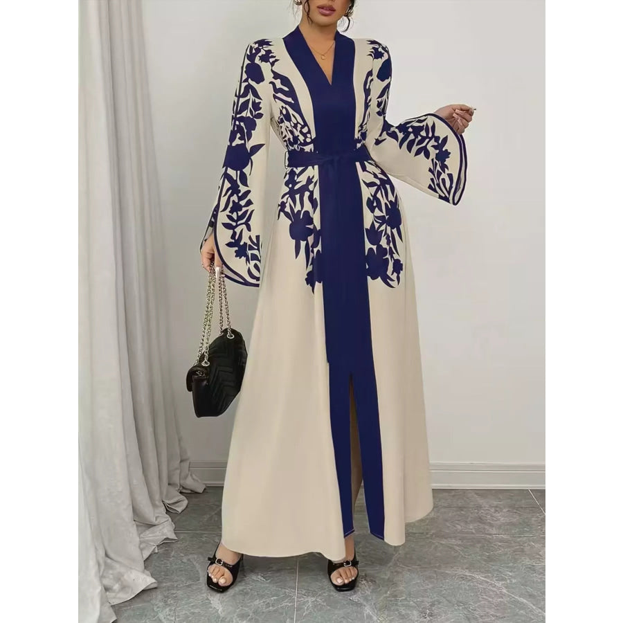 Printed Tie Waist Maxi Dress Blue / S Apparel and Accessories