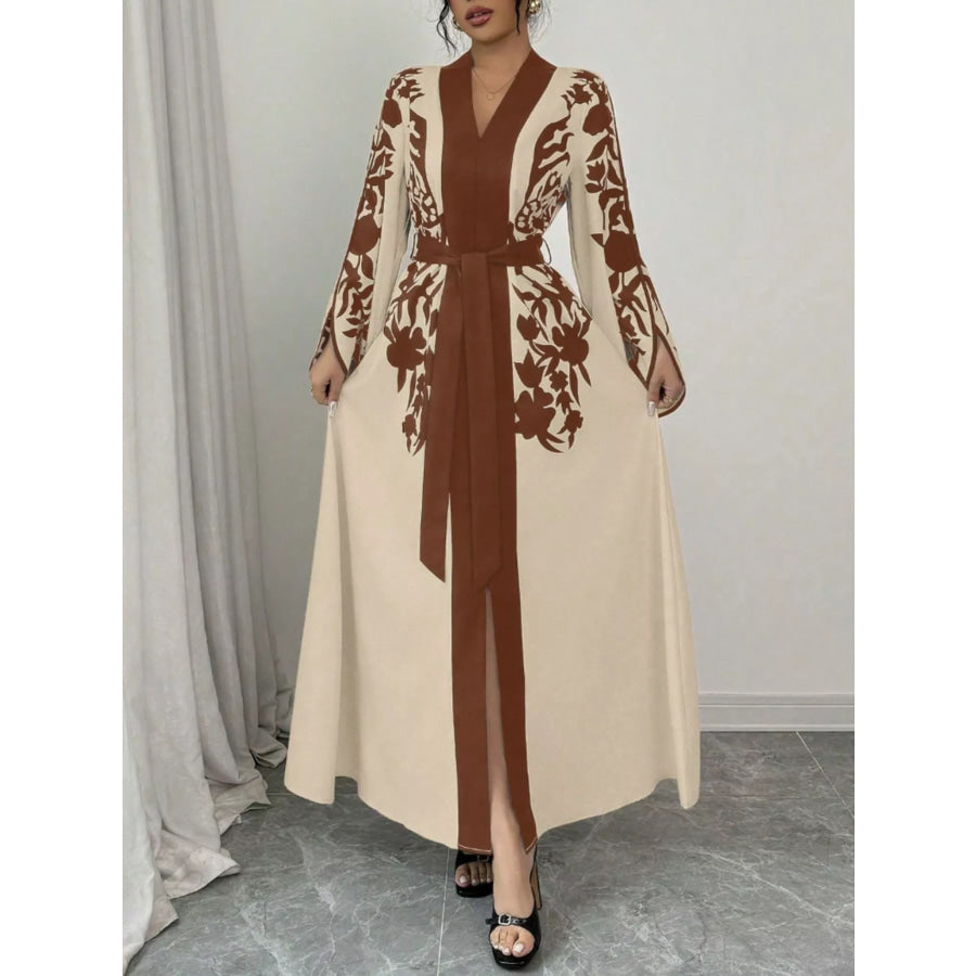 Printed Tie Waist Maxi Dress Orange / S Apparel and Accessories