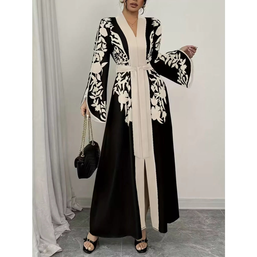 Printed Tie Waist Maxi Dress Pure Black / S Apparel and Accessories