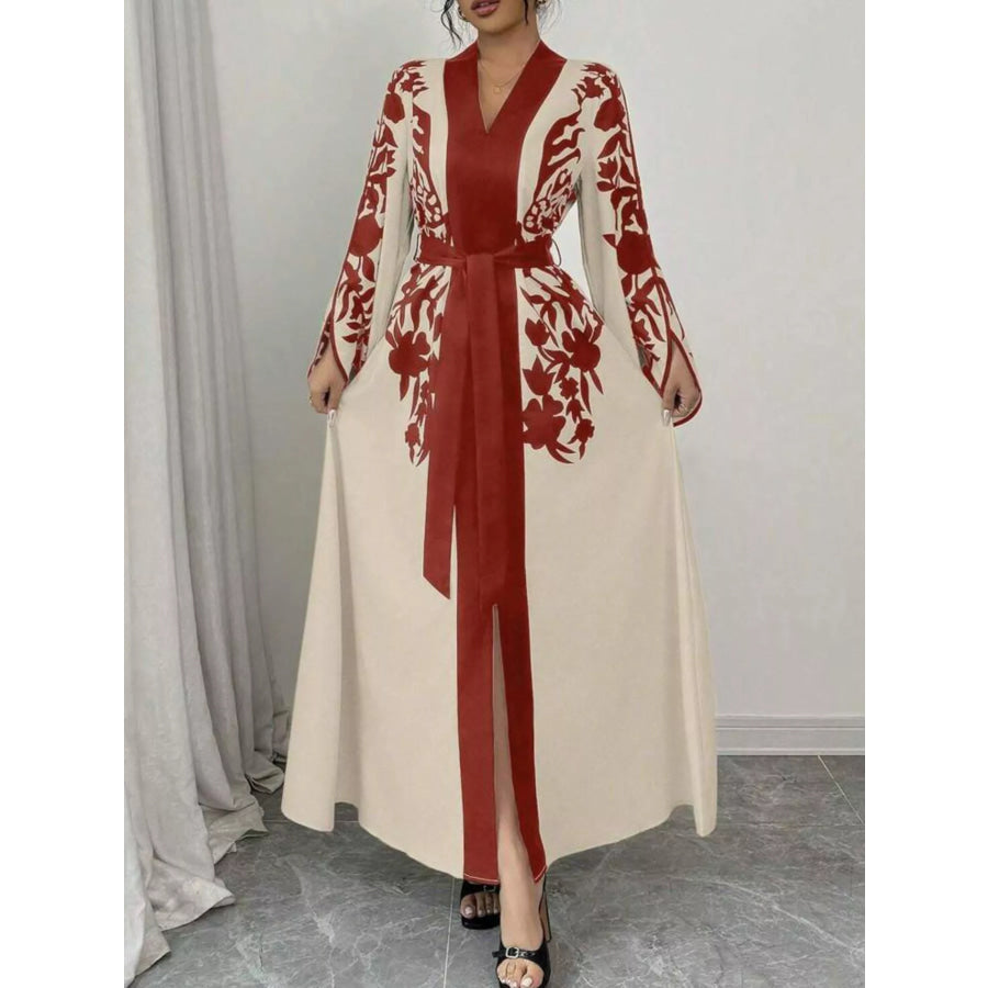 Printed Tie Waist Maxi Dress Red / S Apparel and Accessories