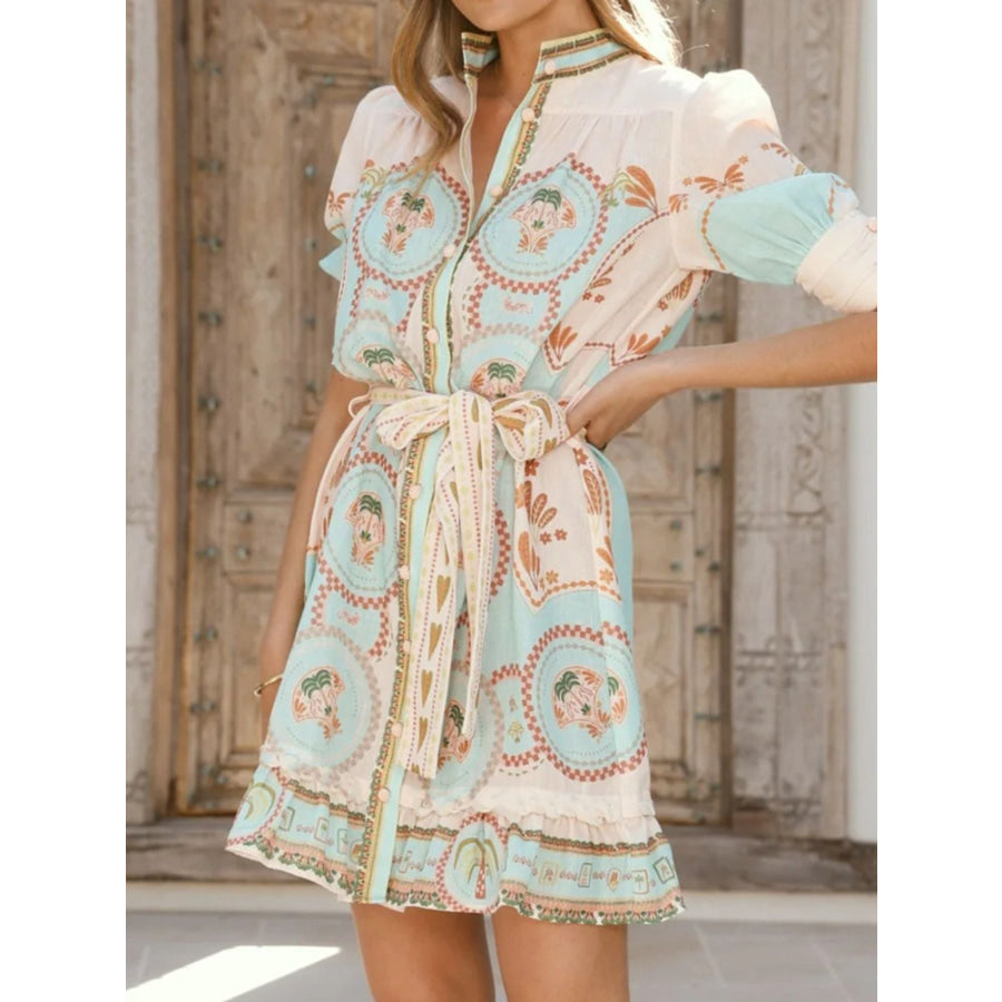 Printed Tie Waist Mini Dress Apparel and Accessories