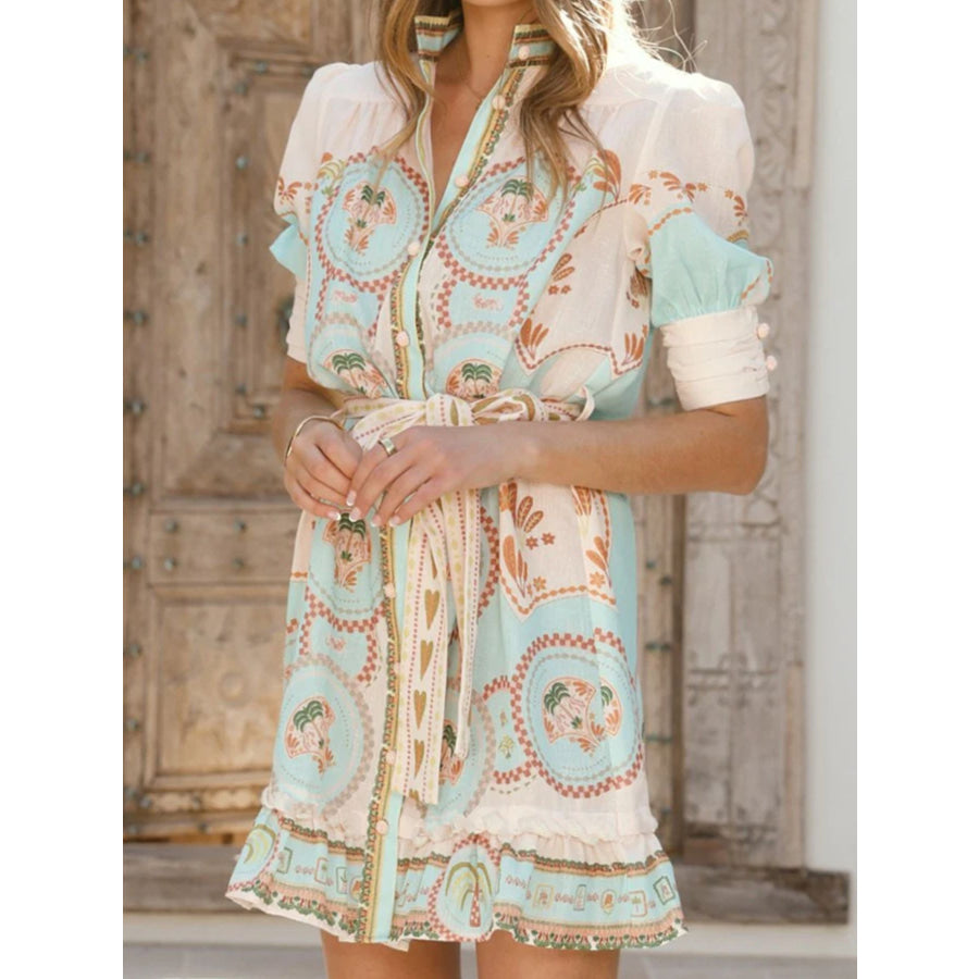 Printed Tie Waist Mini Dress Apparel and Accessories