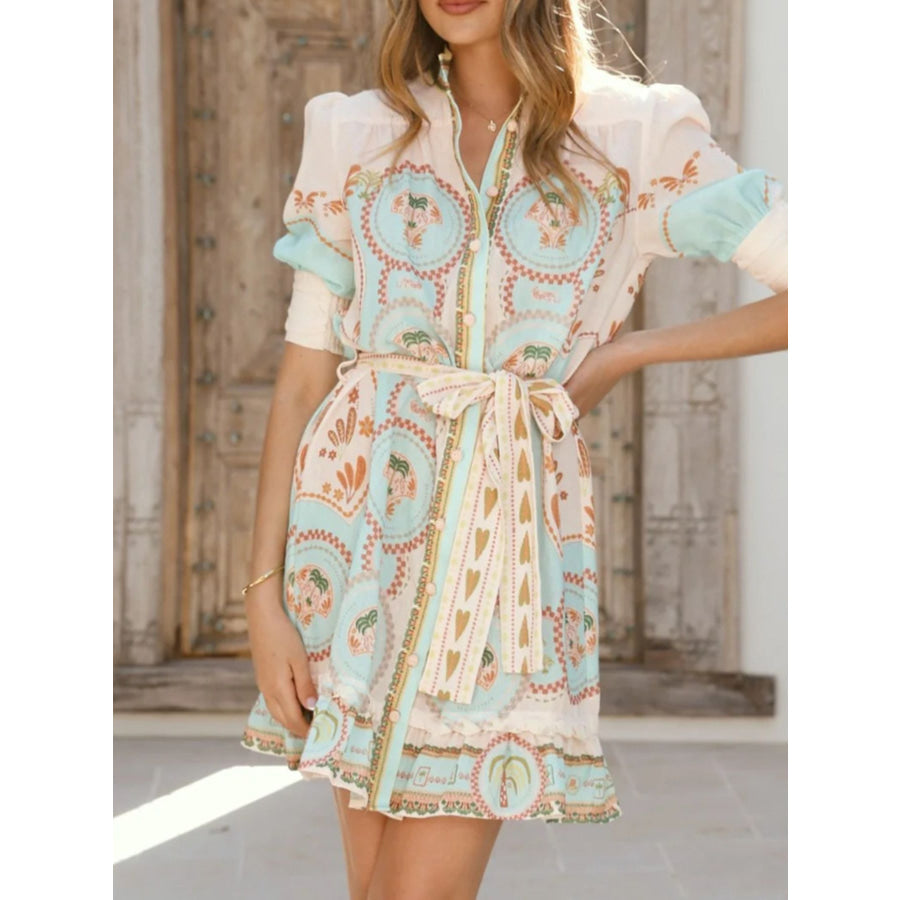 Printed Tie Waist Mini Dress Apparel and Accessories