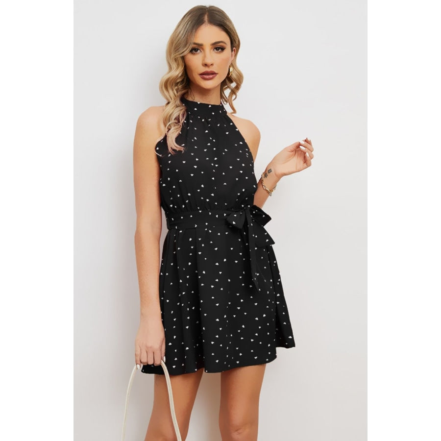 Printed Tie Waist Mini Dress Black / S