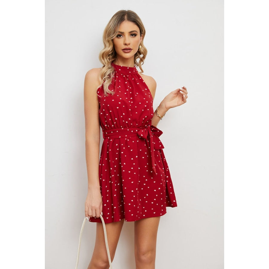 Printed Tie Waist Mini Dress Deep Red / S