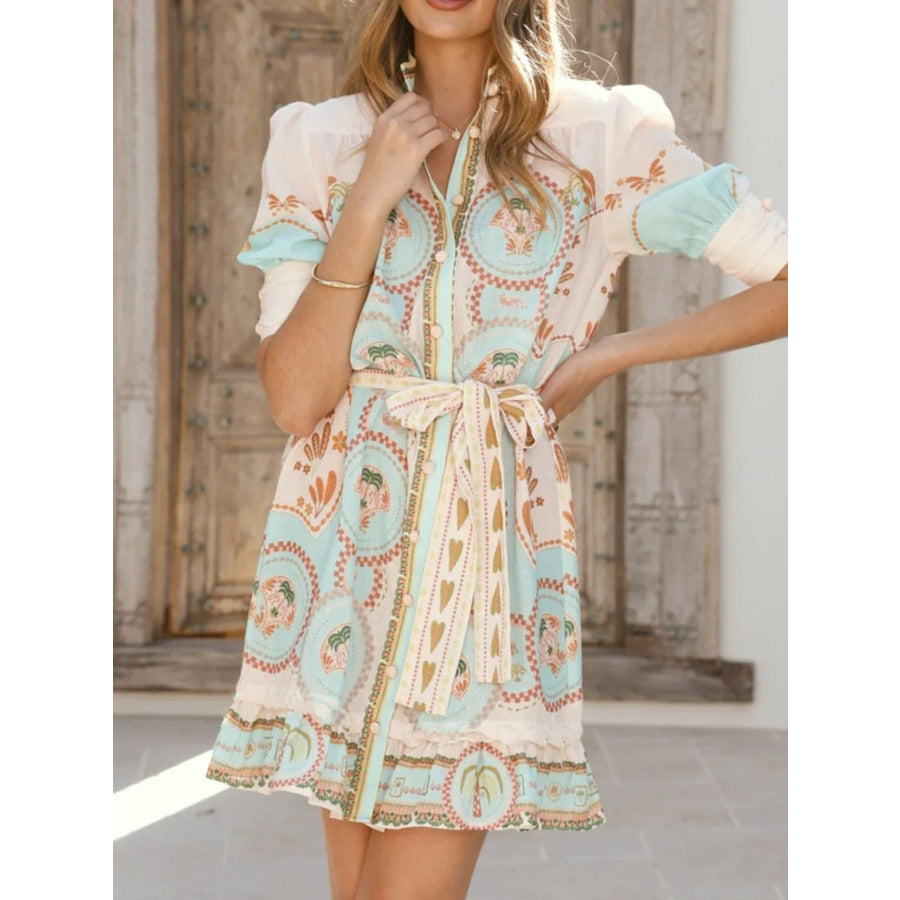 Printed Tie Waist Mini Dress Green / S Apparel and Accessories