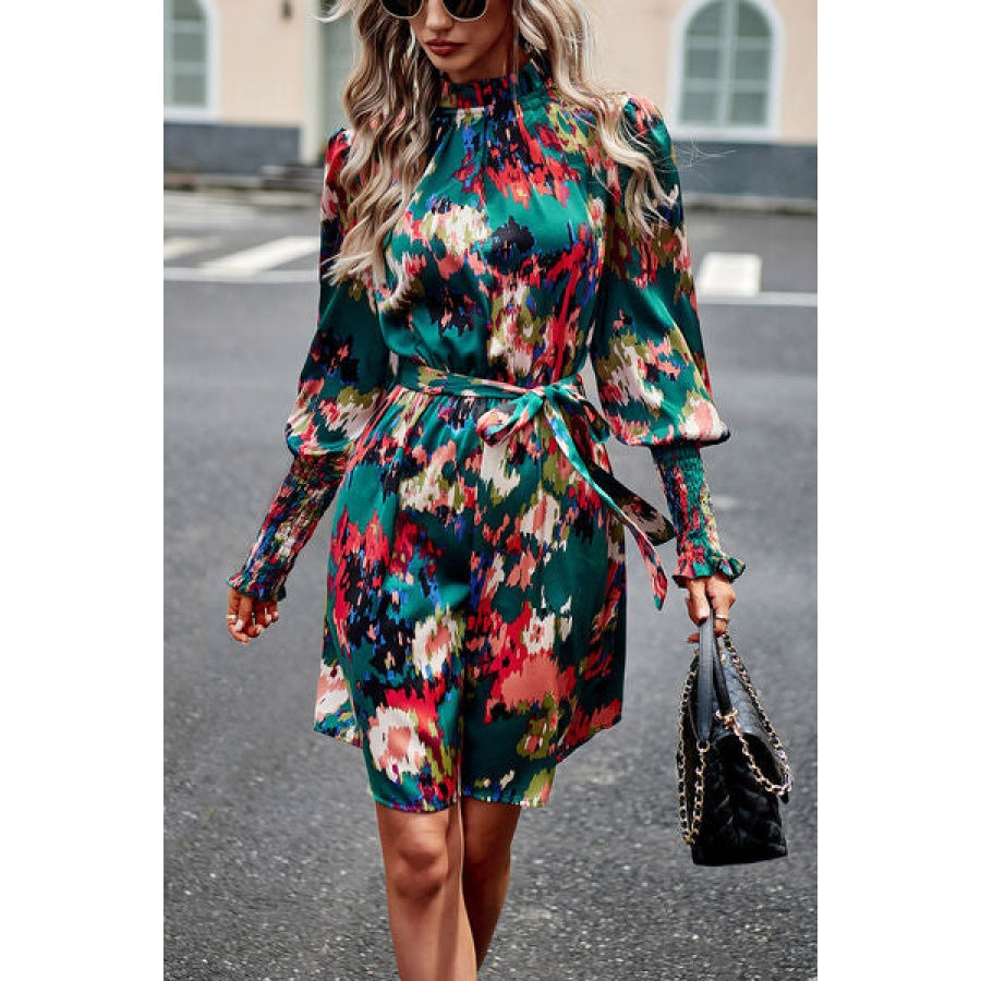 Printed Tie Waist Mock Neck Lantern Sleeve Dress Apparel and Accessories