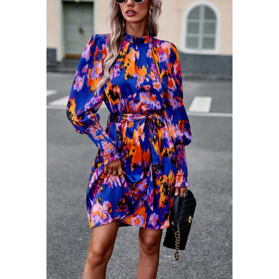 Printed Tie Waist Mock Neck Lantern Sleeve Dress Apparel and Accessories