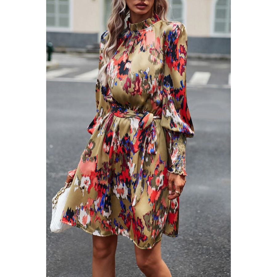 Printed Tie Waist Mock Neck Lantern Sleeve Dress Apparel and Accessories