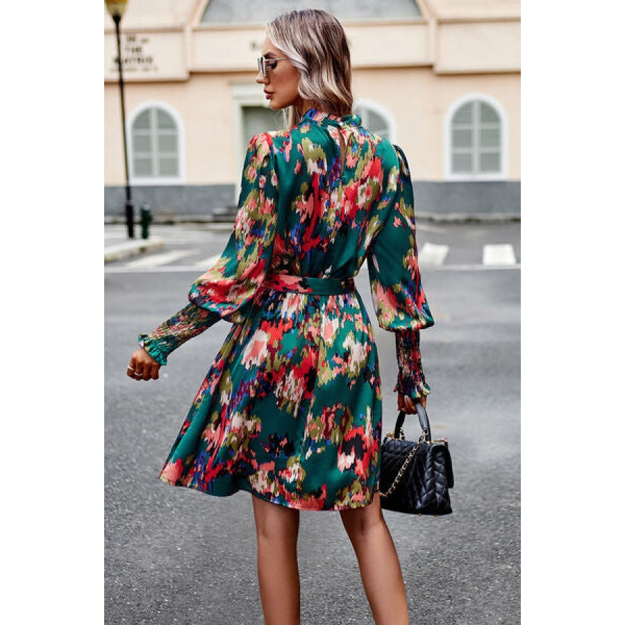 Printed Tie Waist Mock Neck Lantern Sleeve Dress Apparel and Accessories