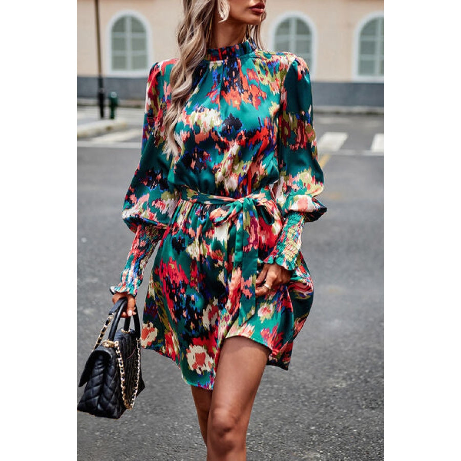 Printed Tie Waist Mock Neck Lantern Sleeve Dress Apparel and Accessories