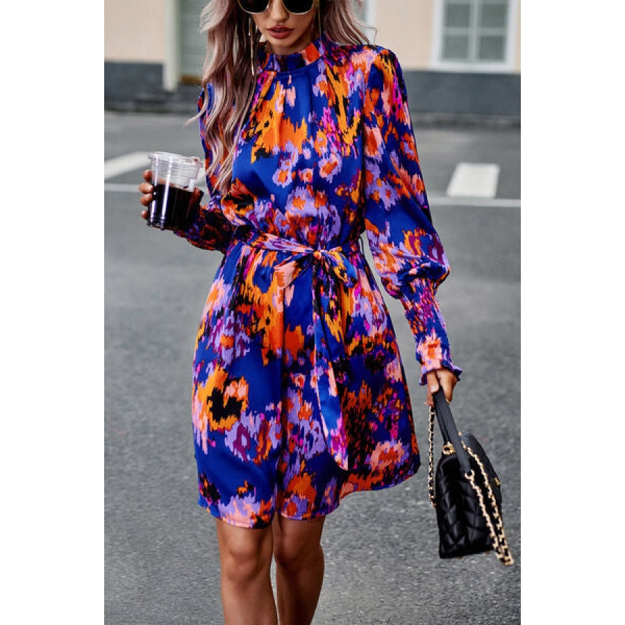 Printed Tie Waist Mock Neck Lantern Sleeve Dress Apparel and Accessories