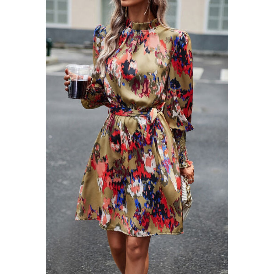 Printed Tie Waist Mock Neck Lantern Sleeve Dress Apparel and Accessories