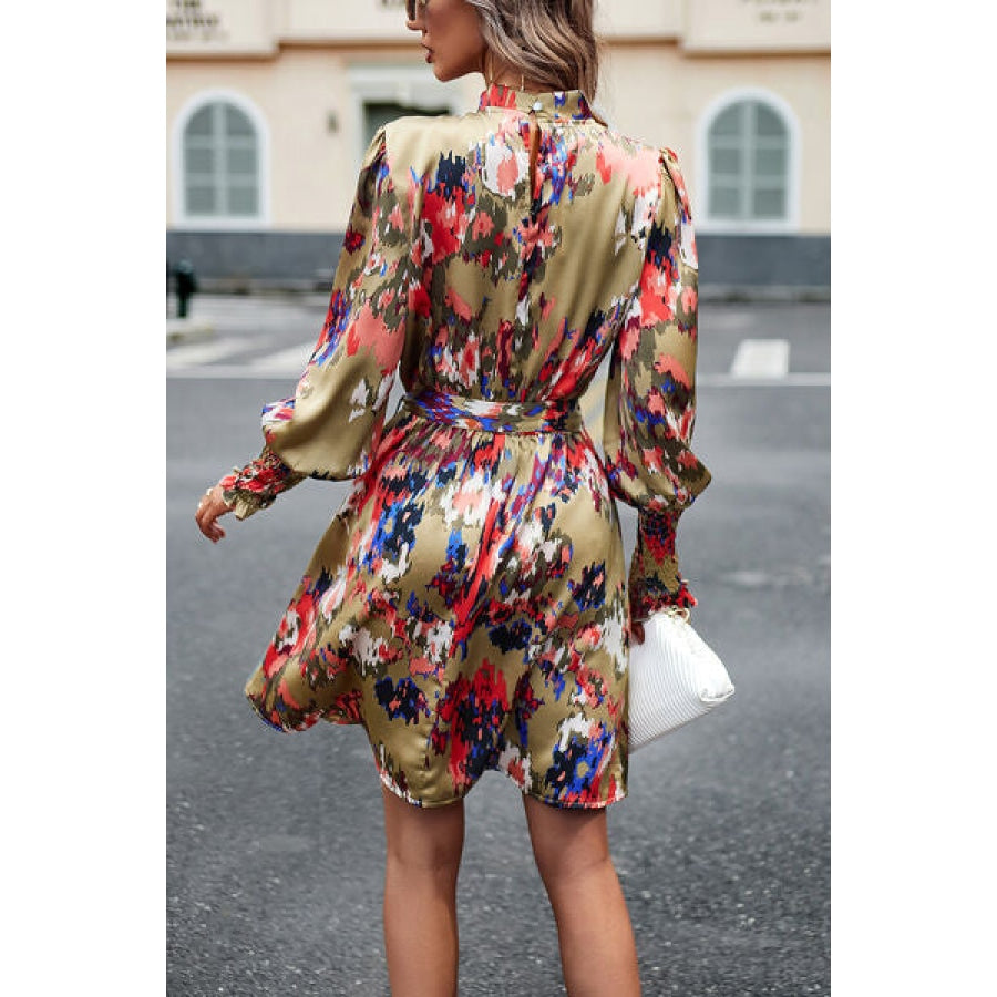 Printed Tie Waist Mock Neck Lantern Sleeve Dress Apparel and Accessories