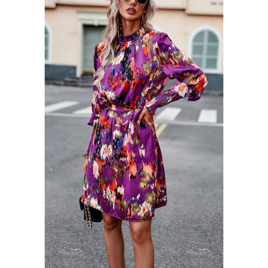 Printed Tie Waist Mock Neck Lantern Sleeve Dress Apparel and Accessories