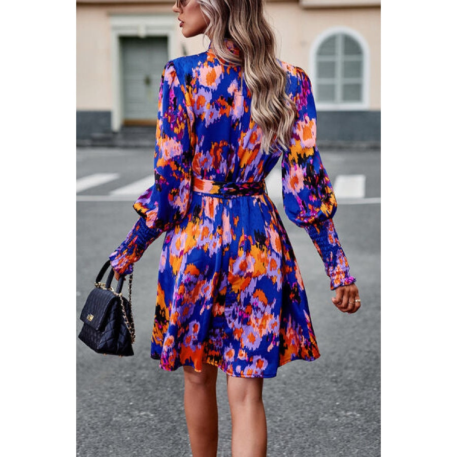 Printed Tie Waist Mock Neck Lantern Sleeve Dress Royal Blue / S Apparel and Accessories