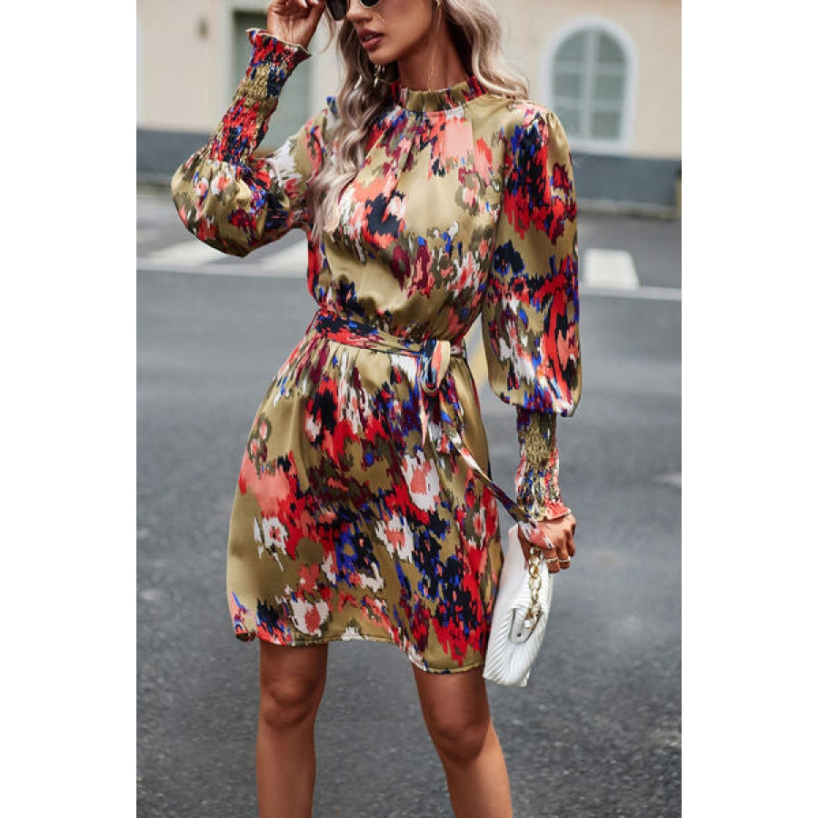 Printed Tie Waist Mock Neck Lantern Sleeve Dress Apparel and Accessories