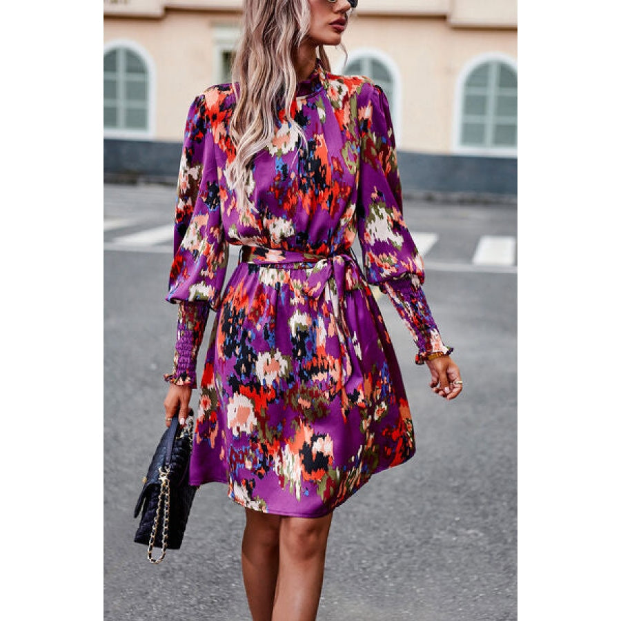 Printed Tie Waist Mock Neck Lantern Sleeve Dress Apparel and Accessories