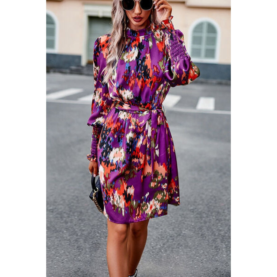 Printed Tie Waist Mock Neck Lantern Sleeve Dress Apparel and Accessories