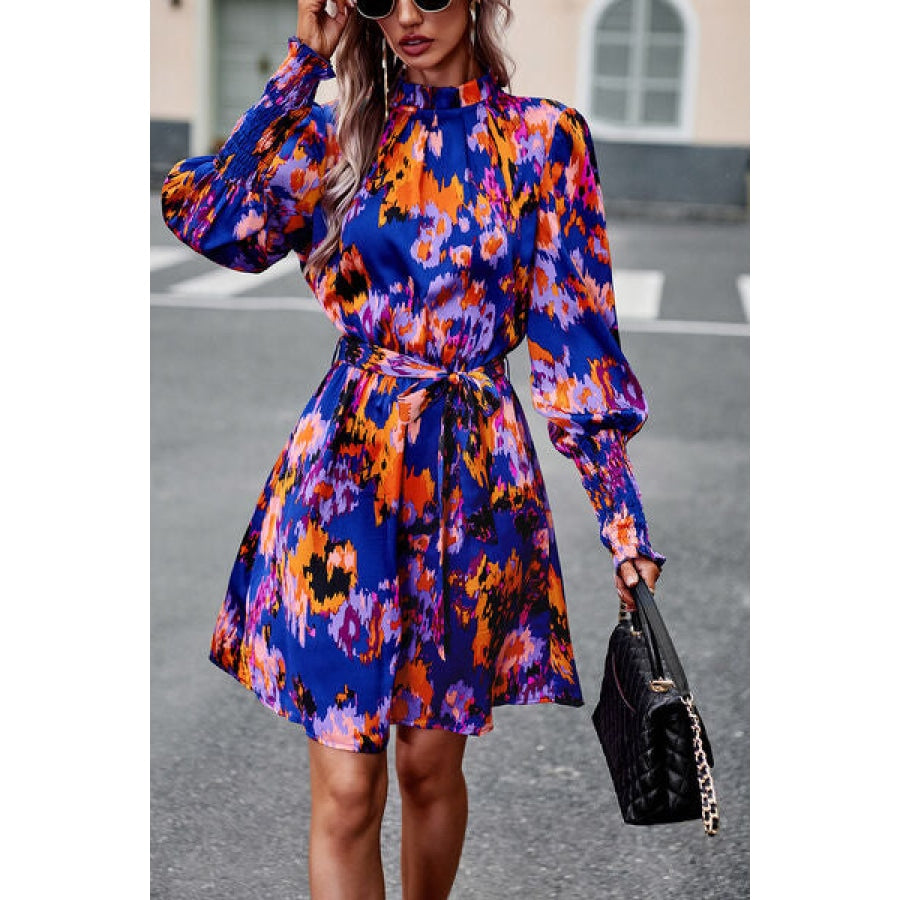 Printed Tie Waist Mock Neck Lantern Sleeve Dress Apparel and Accessories