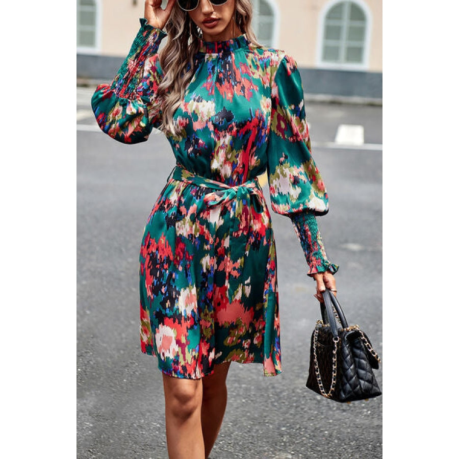 Printed Tie Waist Mock Neck Lantern Sleeve Dress Green / S Apparel and Accessories