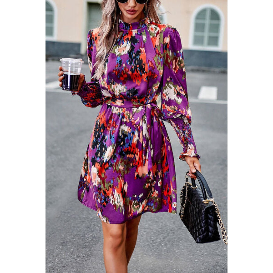 Printed Tie Waist Mock Neck Lantern Sleeve Dress Purple / S Apparel and Accessories