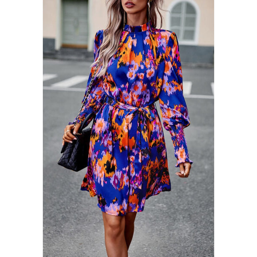 Printed Tie Waist Mock Neck Lantern Sleeve Dress Royal Blue / S Apparel and Accessories