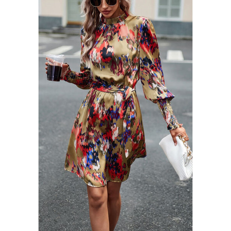 Printed Tie Waist Mock Neck Lantern Sleeve Dress Sand / S Apparel and Accessories