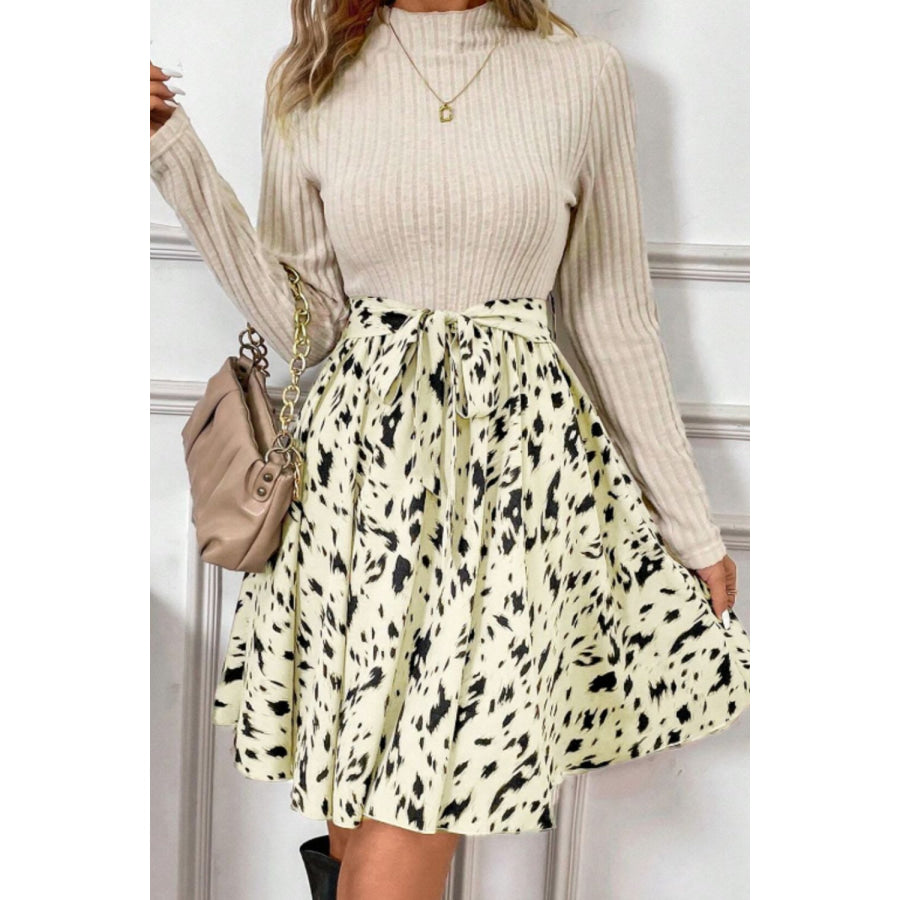 Printed Tie Waist Mock Neck Long Sleeve Dress Apparel and Accessories