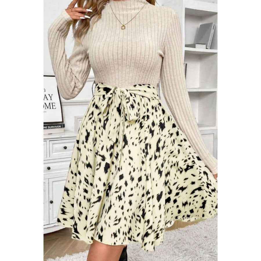 Printed Tie Waist Mock Neck Long Sleeve Dress Apparel and Accessories