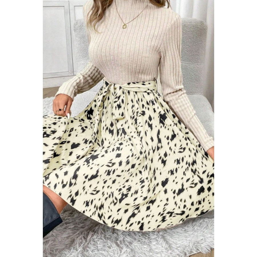 Printed Tie Waist Mock Neck Long Sleeve Dress Apparel and Accessories