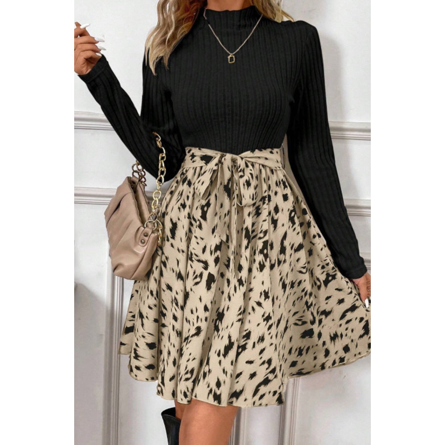 Printed Tie Waist Mock Neck Long Sleeve Dress Apparel and Accessories