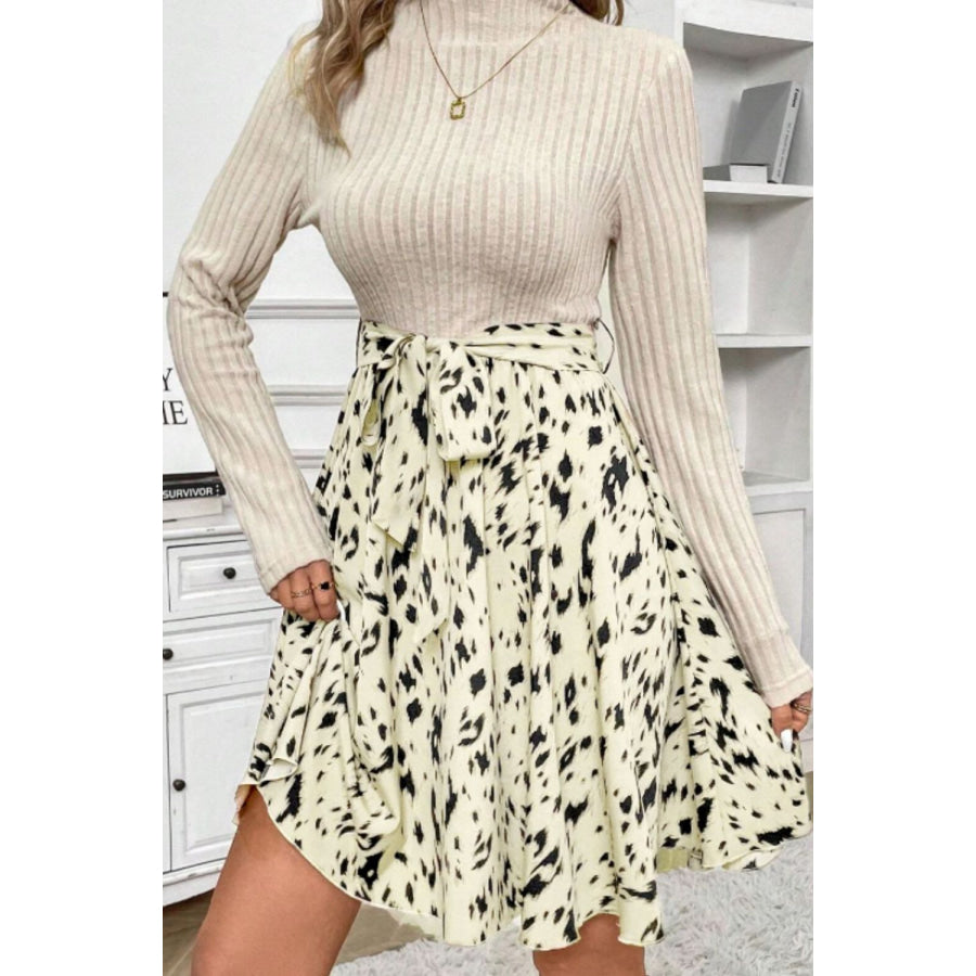 Printed Tie Waist Mock Neck Long Sleeve Dress Apparel and Accessories