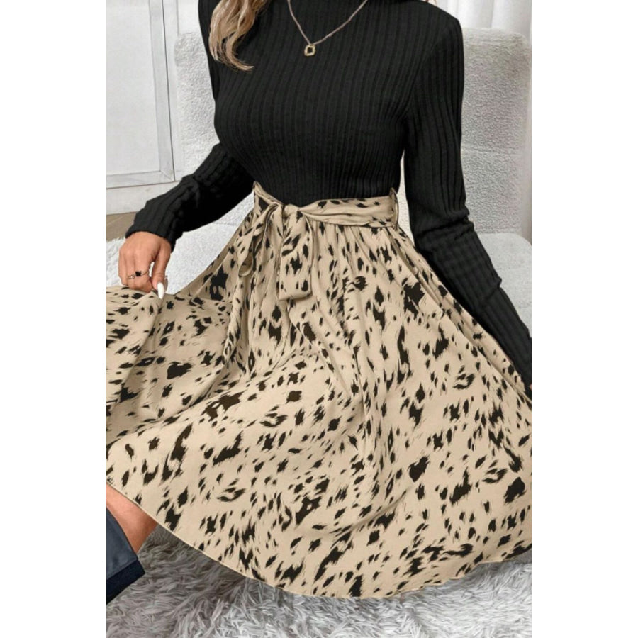 Printed Tie Waist Mock Neck Long Sleeve Dress Apparel and Accessories