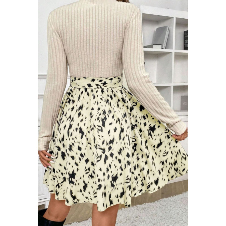 Printed Tie Waist Mock Neck Long Sleeve Dress Apparel and Accessories