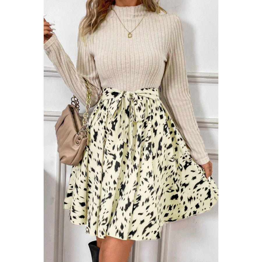 Printed Tie Waist Mock Neck Long Sleeve Dress Ivory / S Apparel and Accessories