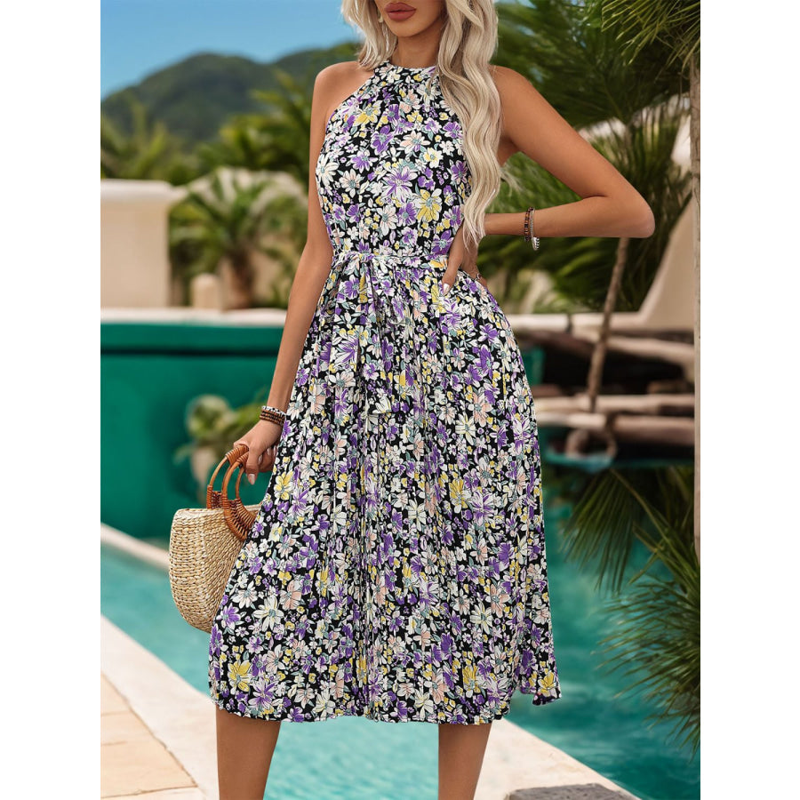 Printed Tie Waist Pleated Dress Apparel and Accessories