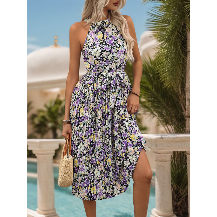 Printed Tie Waist Pleated Dress Apparel and Accessories