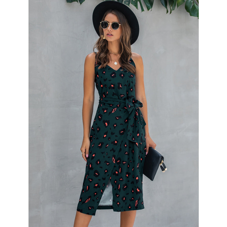 Printed Tie-Waist Spaghetti Strap Dress Black Forest / S