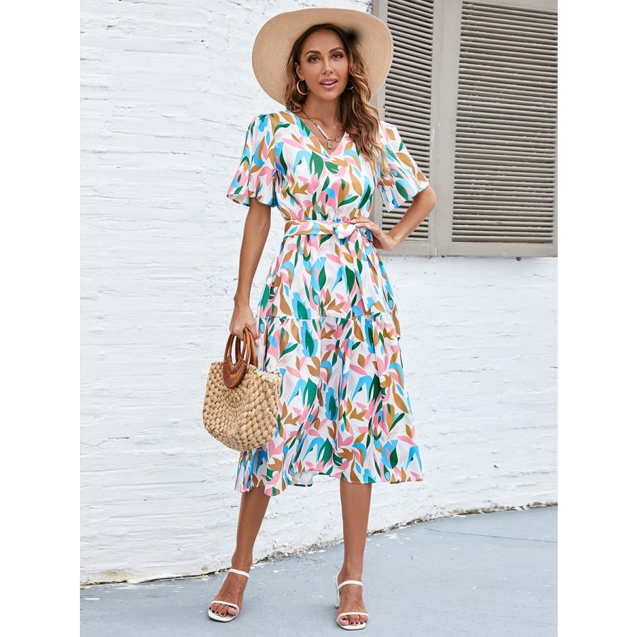 Printed Tie-Waist V-Neck Flutter Sleeve Dress Multicolor / S