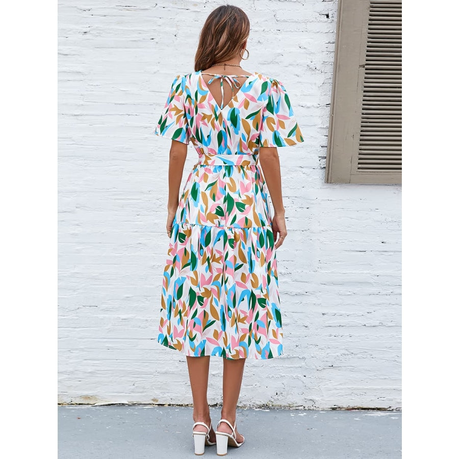 Printed Tie-Waist V-Neck Flutter Sleeve Dress