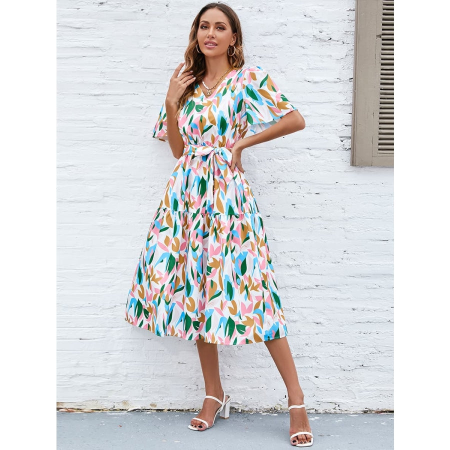 Printed Tie-Waist V-Neck Flutter Sleeve Dress