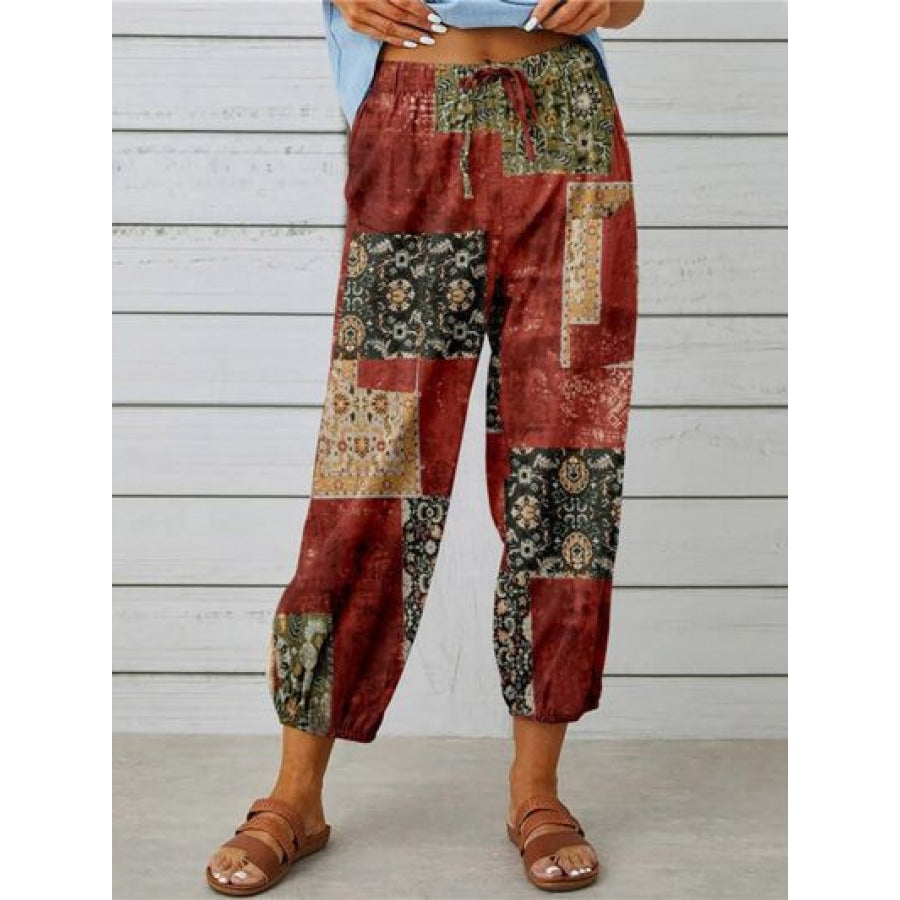 Printed Tied Cropped Pants Brick Red / S Clothing