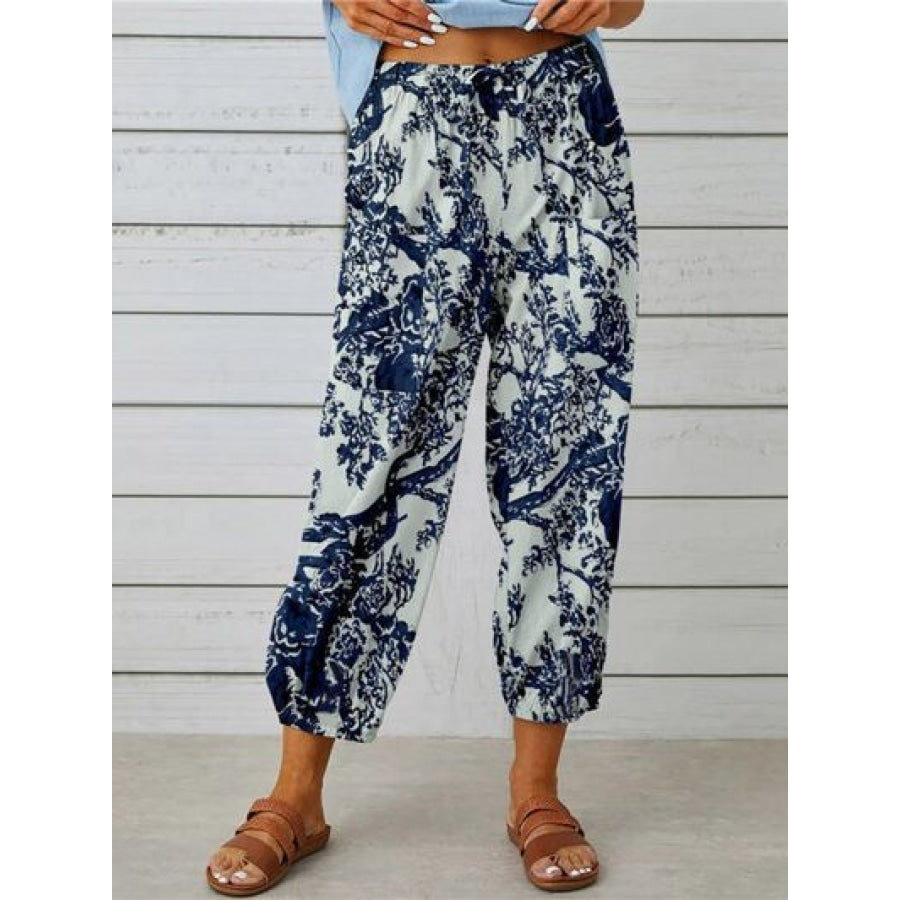 Printed Tied Cropped Pants Dusty Blue / S Clothing