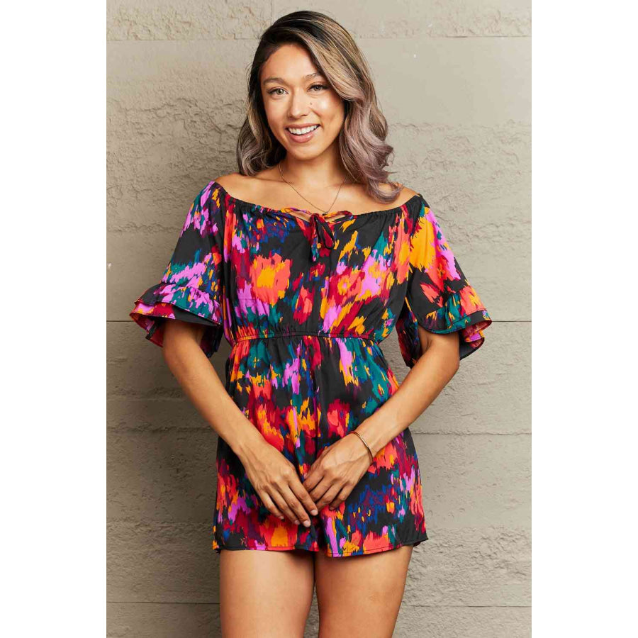 Printed Tied Flounce Sleeve Romper Apparel and Accessories