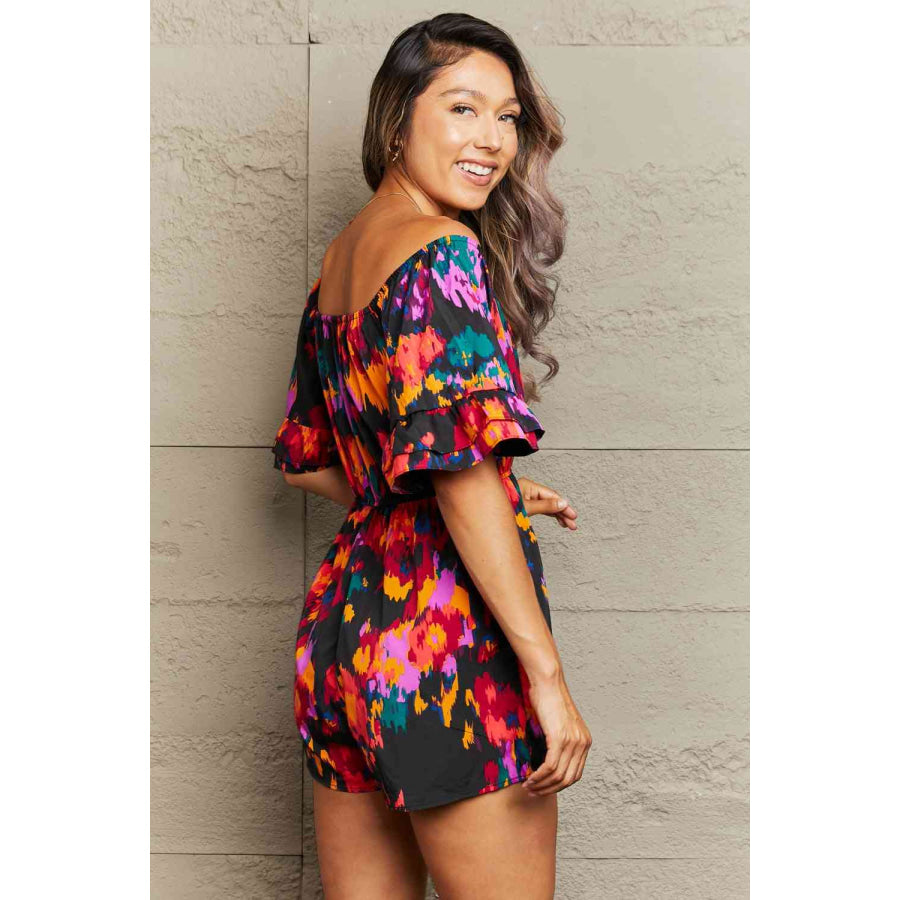 Printed Tied Flounce Sleeve Romper Apparel and Accessories